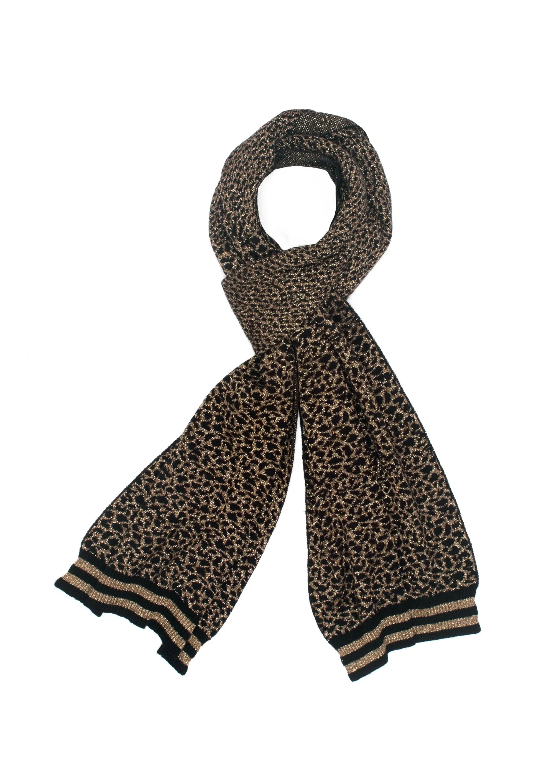 Black and Gold Tobacco Brown Cotton and Viscose Leopard Jacquard Knitted Scarf with Black and Tobacco Brown Lurex Stripe