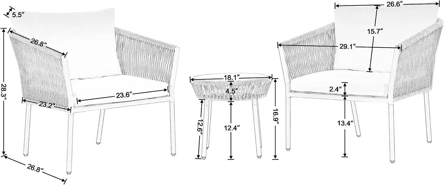 DRX Woven Rope Conversation Set, Rattan Couch Sofa Including 2 Single Chairs and Coffee Table, Suitable for Indoor, Outdoor, Balcony, Courtyard, Poolside, Lawn, Backyard, (White/Beige)