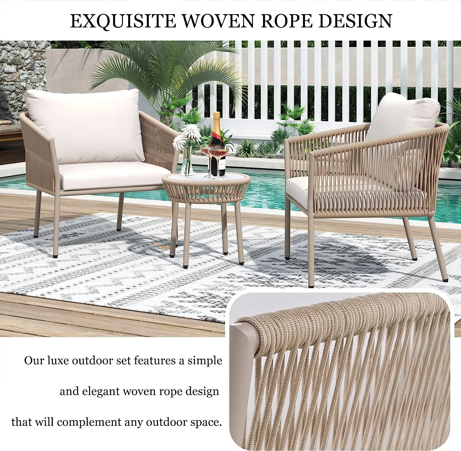 DRX Woven Rope Conversation Set, Rattan Couch Sofa Including 2 Single Chairs and Coffee Table, Suitable for Indoor, Outdoor, Balcony, Courtyard, Poolside, Lawn, Backyard, (White/Beige)