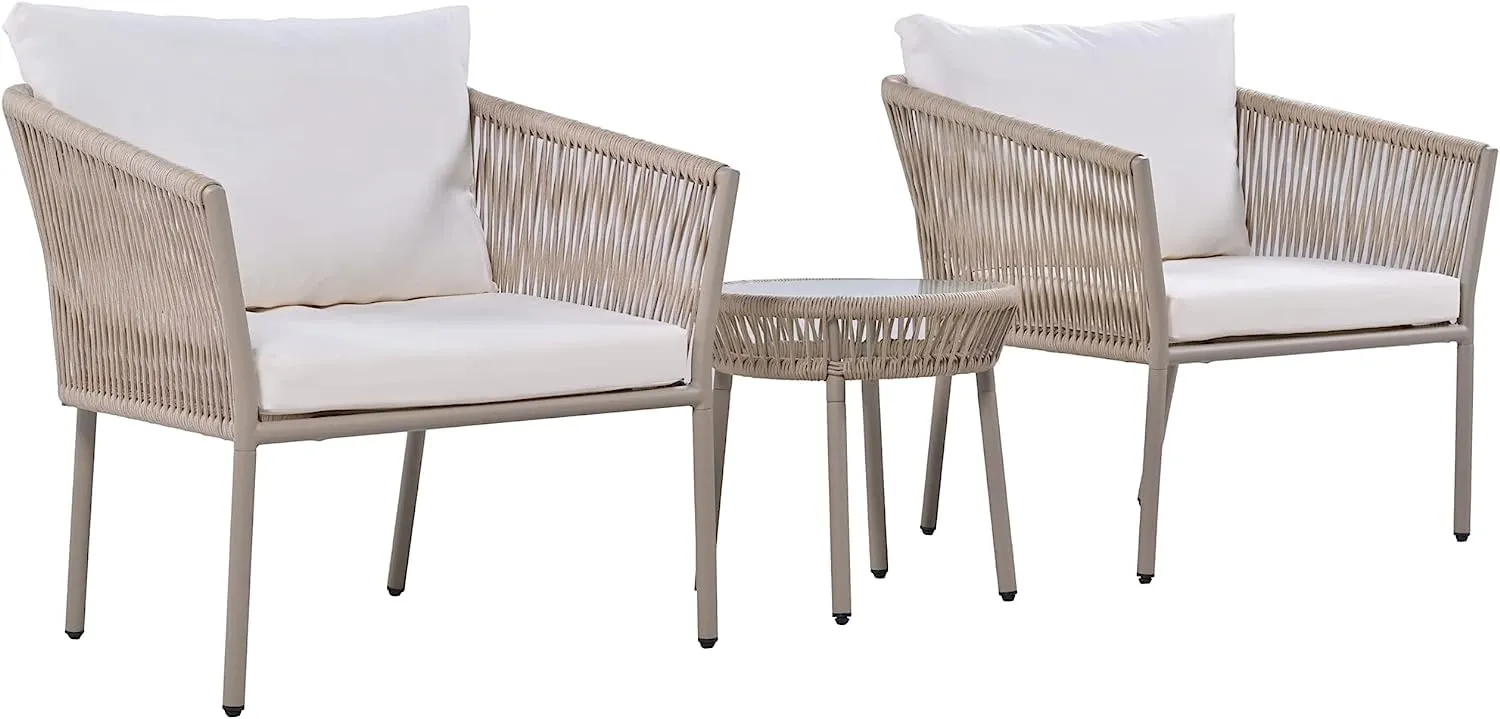 DRX Woven Rope Conversation Set, Rattan Couch Sofa Including 2 Single Chairs and Coffee Table, Suitable for Indoor, Outdoor, Balcony, Courtyard, Poolside, Lawn, Backyard, (White/Beige)