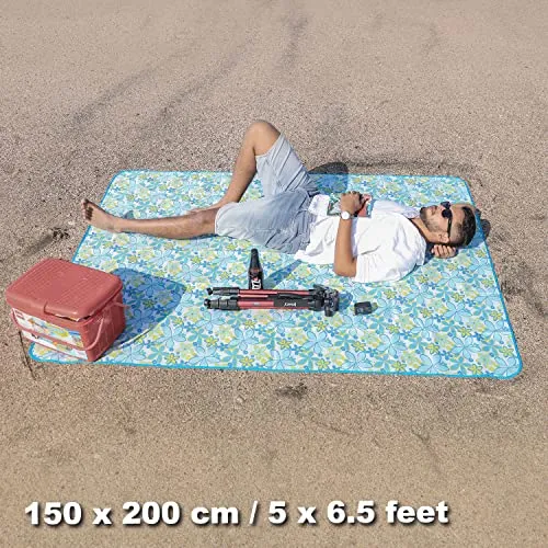 HOKIPO Large Waterproof & Sandproof Picnic Rectangular Shape Blanket Mat For Beach, Garden, Camping, Hiking, Yoga, Indoors, 5X6.5 Feet, Floral Blue (Ar3920)