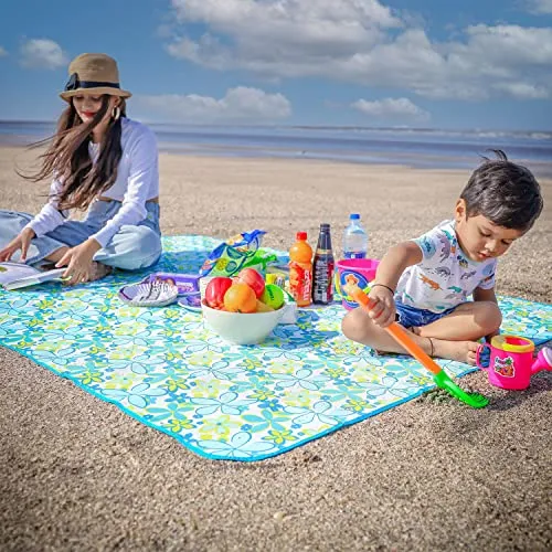 HOKIPO Large Waterproof & Sandproof Picnic Rectangular Shape Blanket Mat For Beach, Garden, Camping, Hiking, Yoga, Indoors, 5X6.5 Feet, Floral Blue (Ar3920)