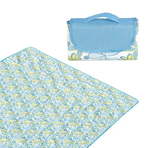 HOKIPO Large Waterproof & Sandproof Picnic Rectangular Shape Blanket Mat For Beach, Garden, Camping, Hiking, Yoga, Indoors, 5X6.5 Feet, Floral Blue (Ar3920)