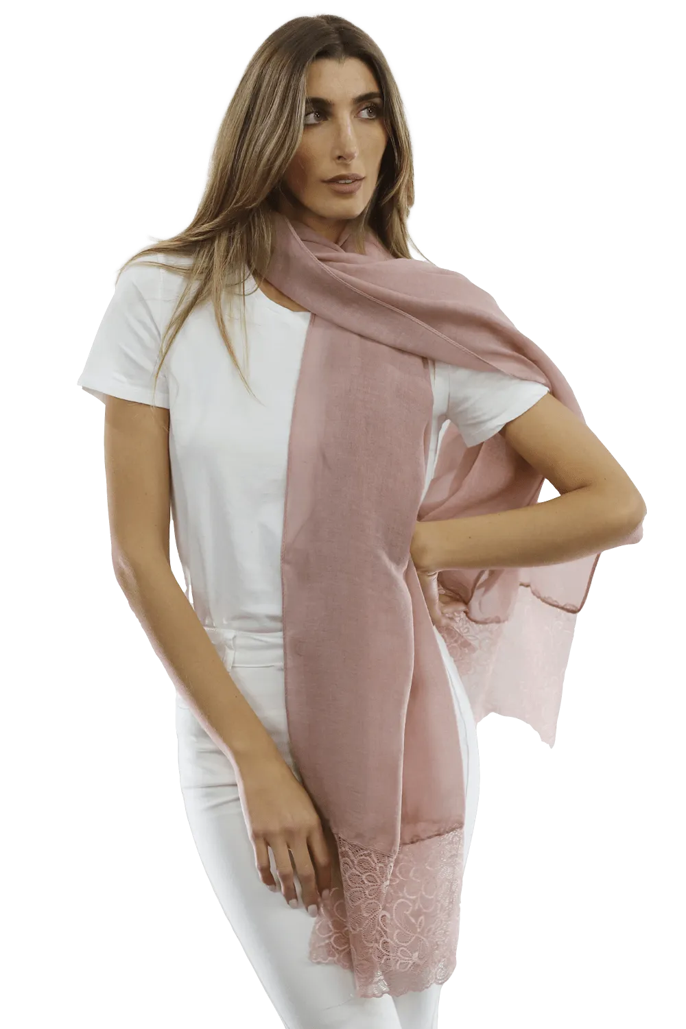 La Fiorentina Embroidery Laced Trim Scarf- Blush