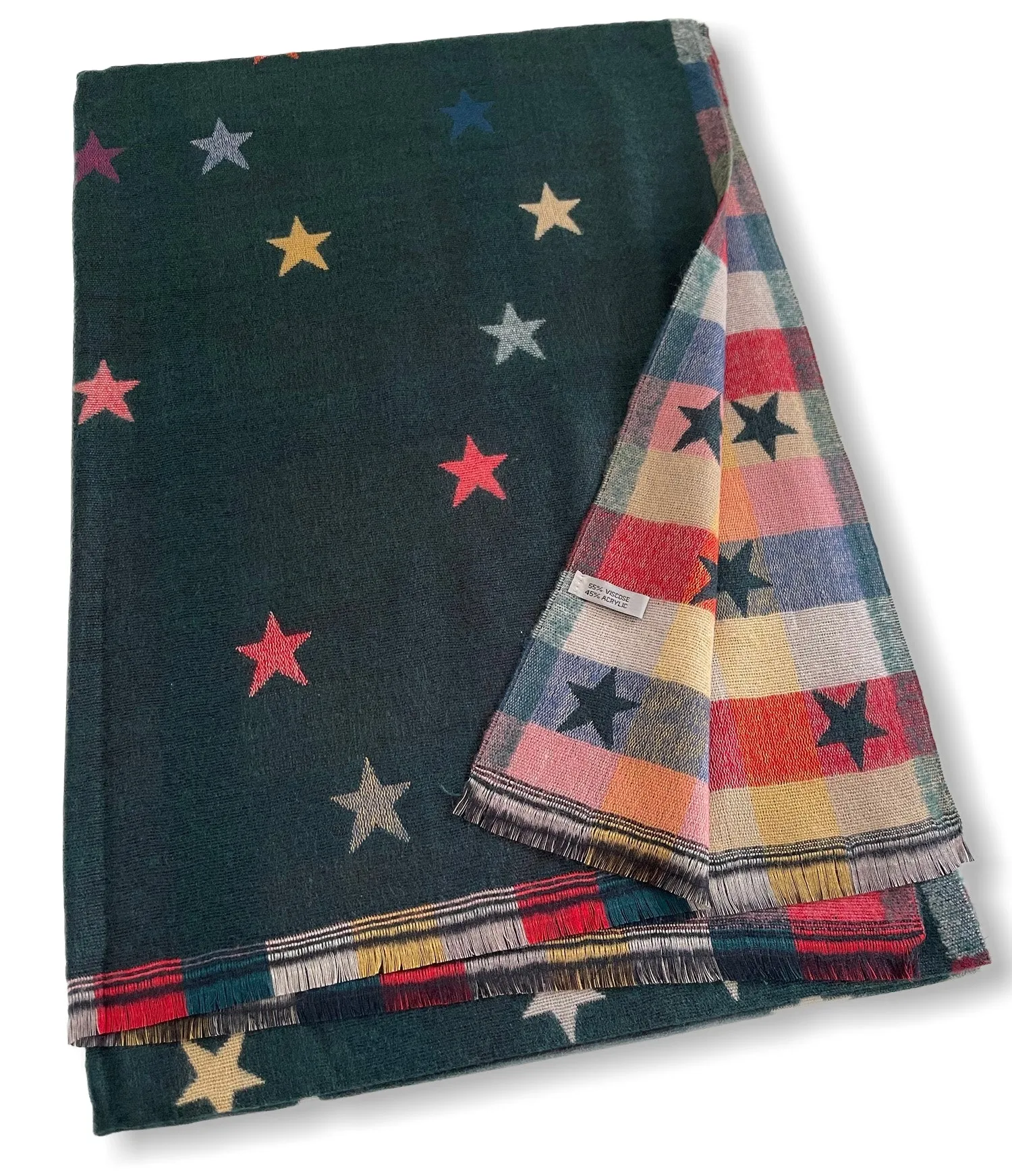 LARGE GREEN STAR PRINT REVERSIBLE WINTER SHAWL BLANKET SCARF