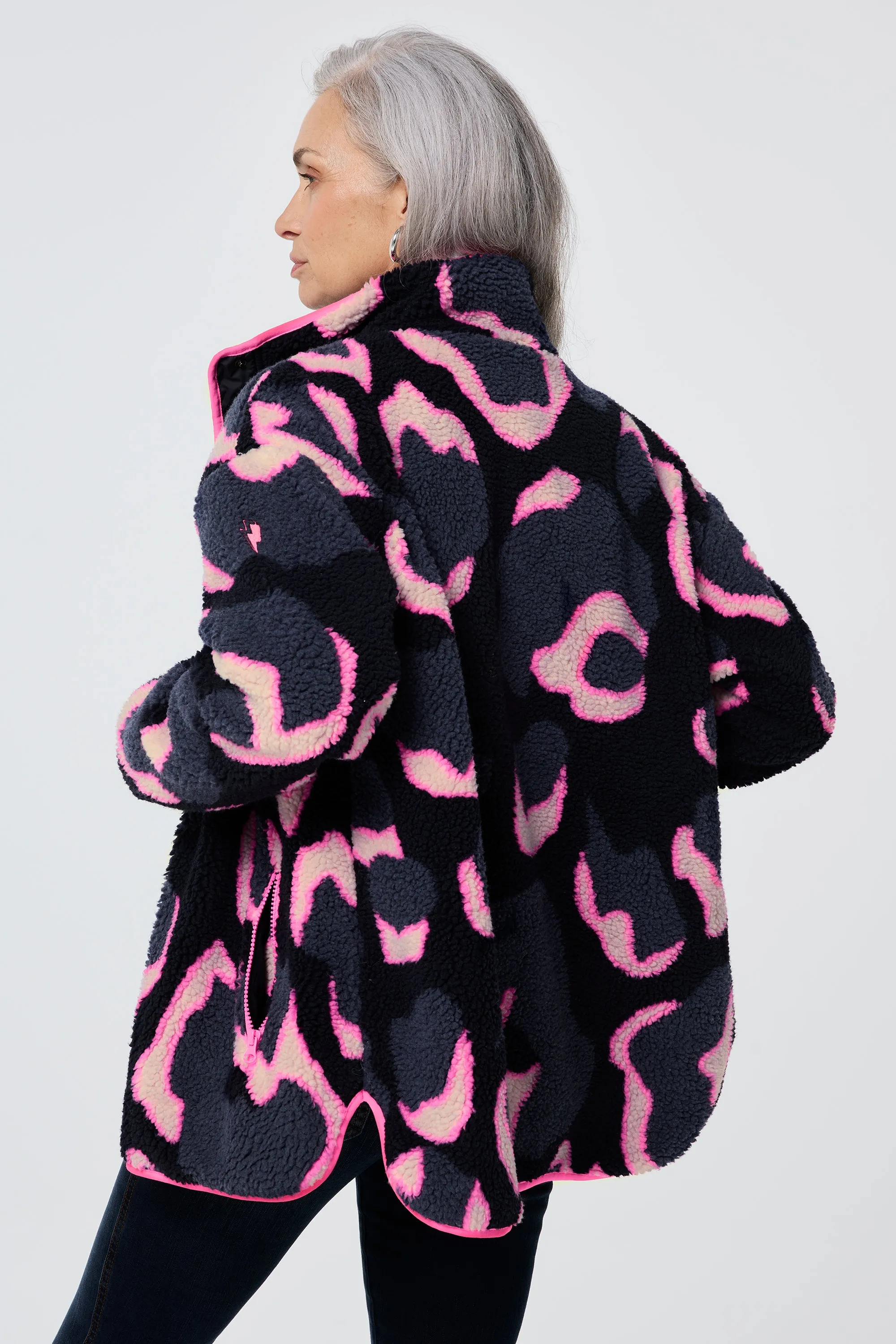 Navy with Pink Mega Shadow Leopard Button Through Fleece Jacket