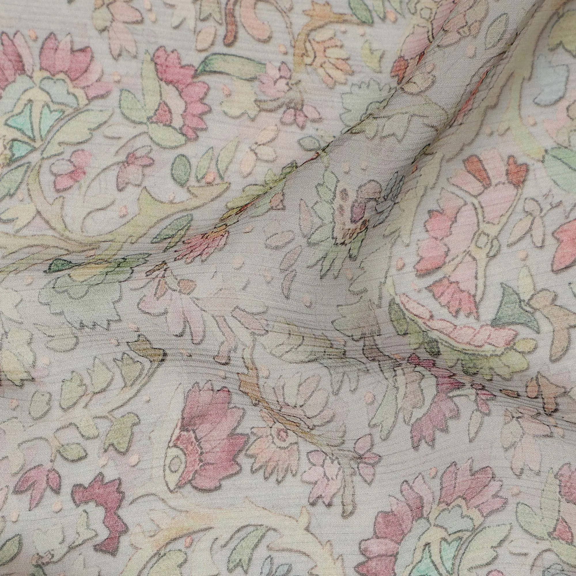 Pastel Grey Synthetic Crepe Fabric with Multicolor Floral Print, 110 cm Width-D20689