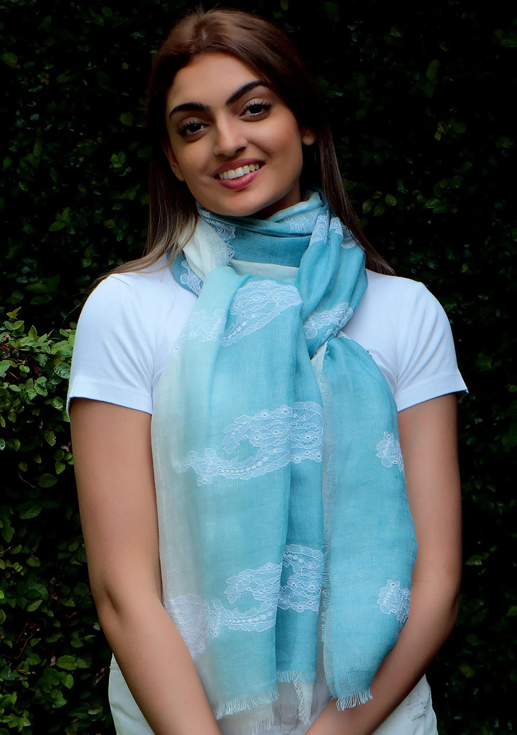 Steel Blue and White Ombre Linen Scarf with White Lace Appliques