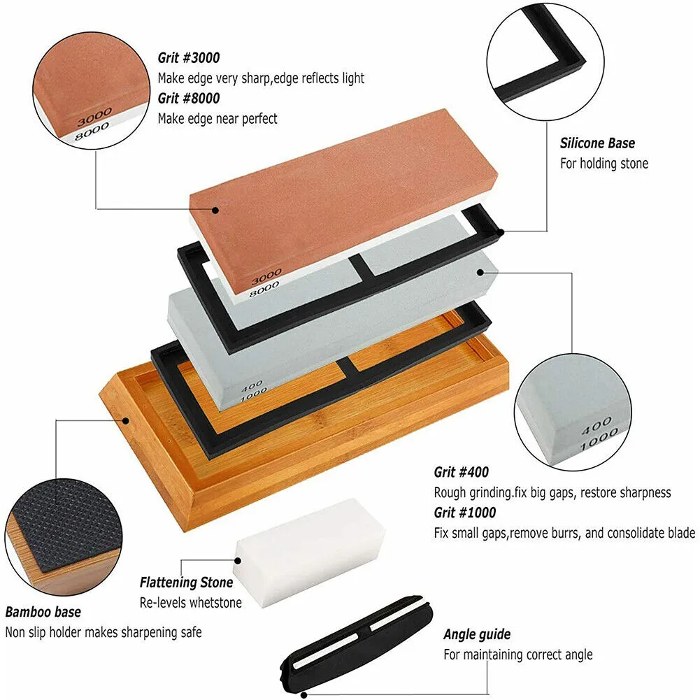 US Knife Sharpening Stone Set 400/1000/6000 3000/8000 Grit Polishing Sharpener