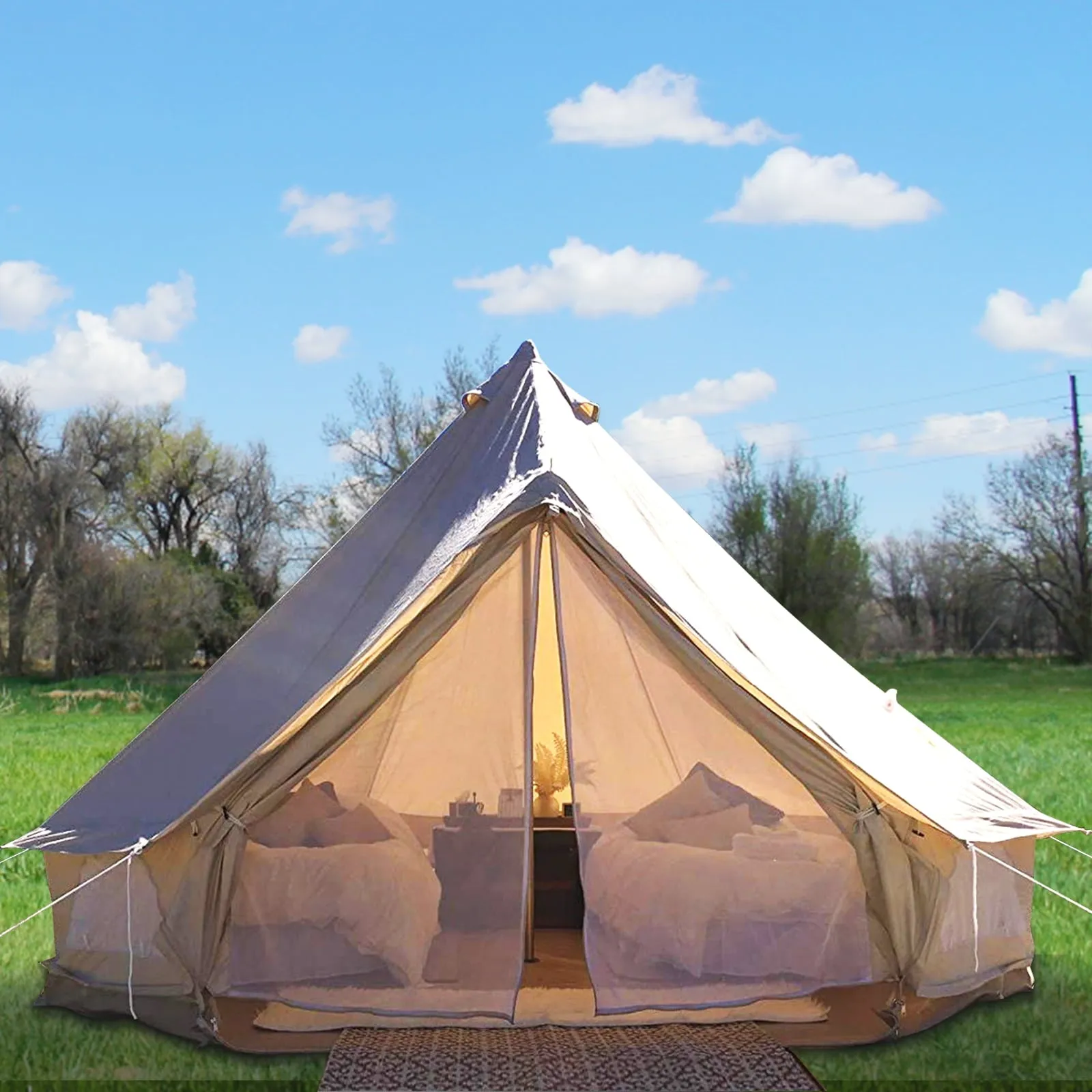 versatile brand Canvas Bell Tent 13.12ft /4m Cotton Canvas Tent with Wall Stove Jacket Glamping Tent Waterproof Bell Tent for Family Camping Outdoor Hunting in 4 Seasons