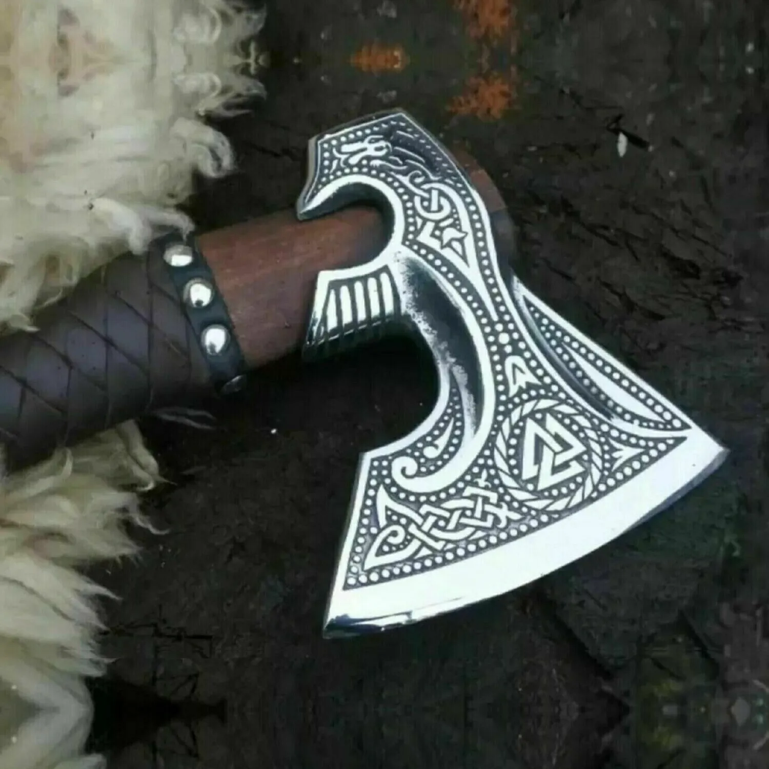 Viking Axe Bearded Axe Tomahawk Viking Axe Real, Bearded Axe Real Hatchet, Russian Valknut Wood Working Tool with Premium Leather Sheath