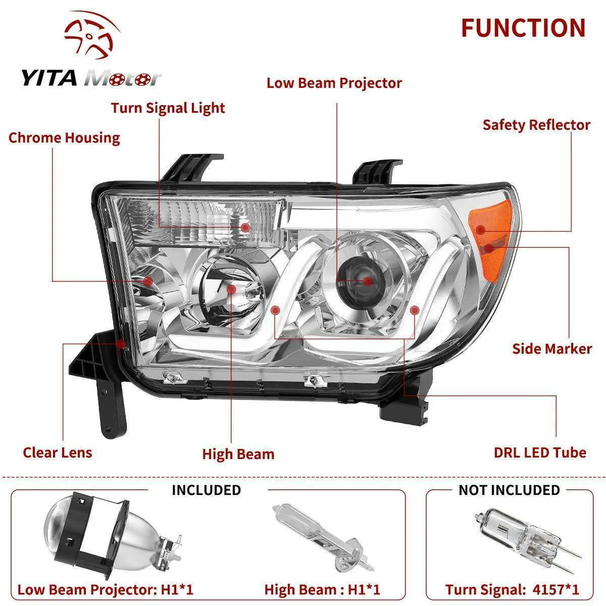 YITAMOTOR® 2007-2013 Toyota Tundra/2008-2017 Sequoia Headlight Assembly Chrome Housing LED Tube Projector Headlamps