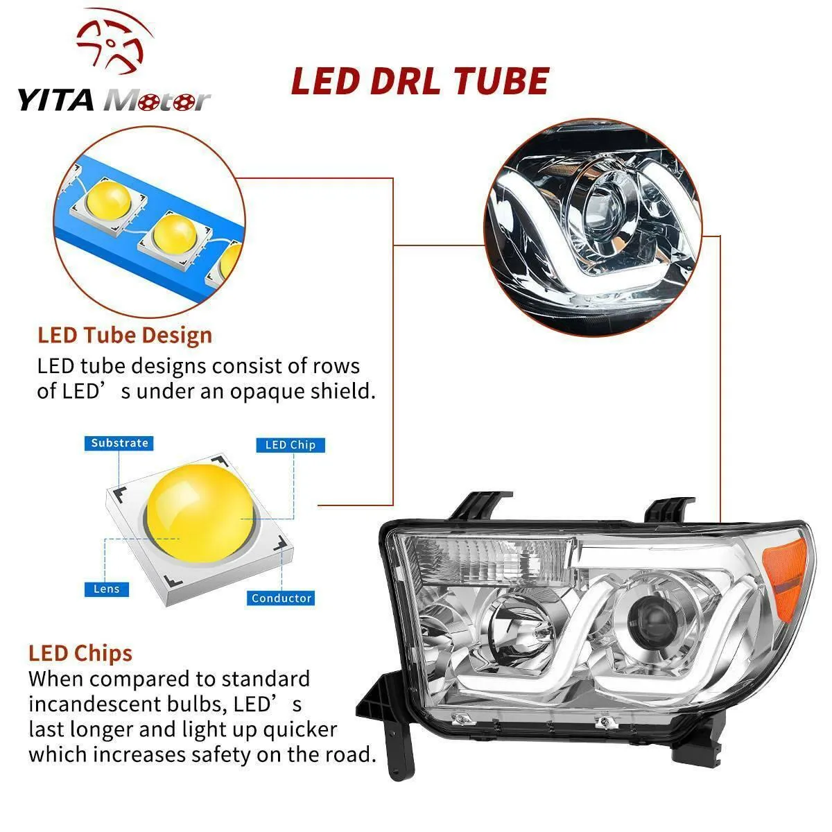 YITAMOTOR® 2007-2013 Toyota Tundra/2008-2017 Sequoia Headlight Assembly Chrome Housing LED Tube Projector Headlamps