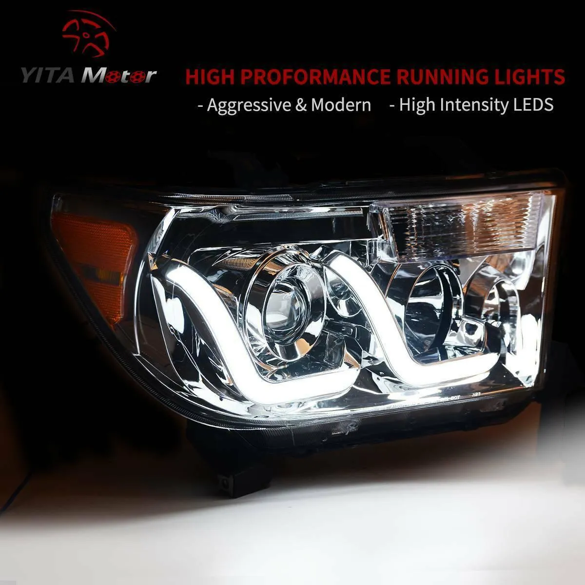 YITAMOTOR® 2007-2013 Toyota Tundra/2008-2017 Sequoia Headlight Assembly Chrome Housing LED Tube Projector Headlamps